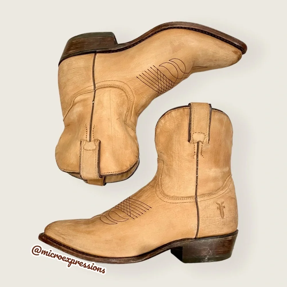 $379 Frye Billy Pull On Sunflower Tan/Beige Real Leather Boho Cowboy Ankle Boot